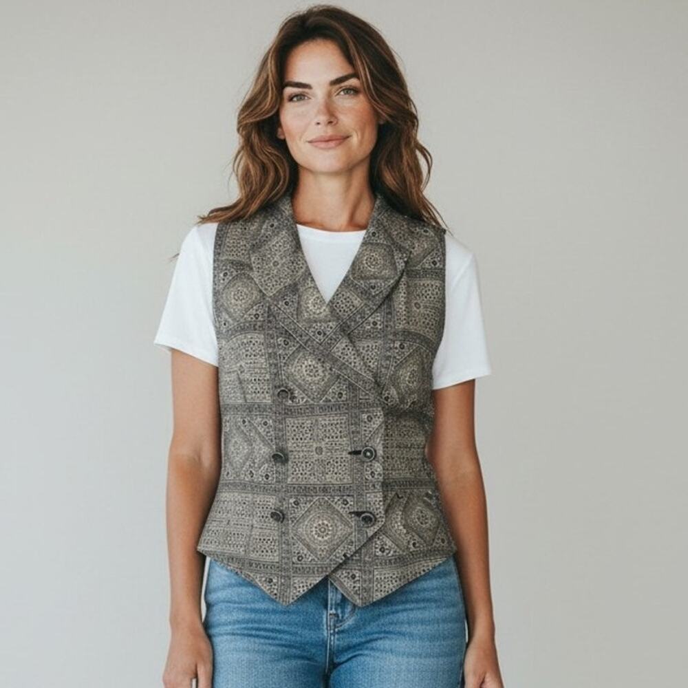 S Top Sleeveless double-breasted vest geometric tapestry Vintage 90's CACHE